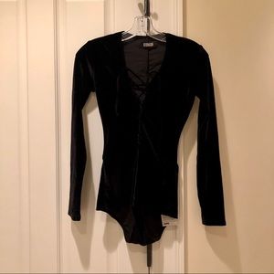 Reformation Black Velvet Lace-up Bodysuit XS